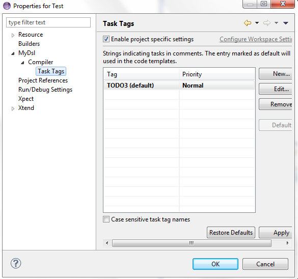 Task tags configuration in project properties page